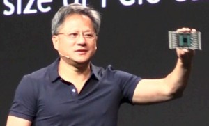 Nvidia CEO Jen-Hsun Huang holding a mockup of the future "Pascal" GPU card