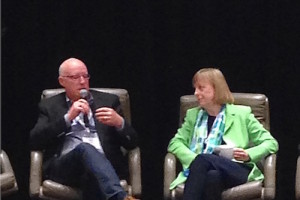 Merle Giles (L) and Suzy Tichenor during a panel at Enterprise HPC.